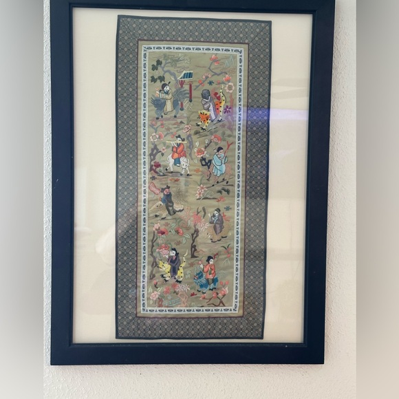 Chinese hand embroidered silk Art Piece Framed. The Actual Piece 27 X 13”